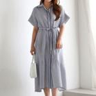 Pleated Flared Long Stripe Shirtdress With Sash
