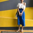 Color Block Cold Shoulder Short-sleeve A-line Midi Dress