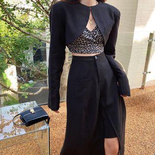 Leopard Print Camisole Top / Slit Midi A-line Skirt / Cropped Blazer