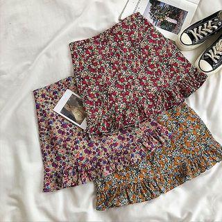 Floral High-waist Ruffled-trim A-line Skirt