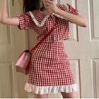 Set: Gingham Ruffled Short-sleeve Blouse + Mini A-line Skirt