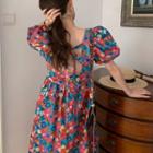 Puff-sleeve Square Neck Cutout Back Lace Up Floral Dress