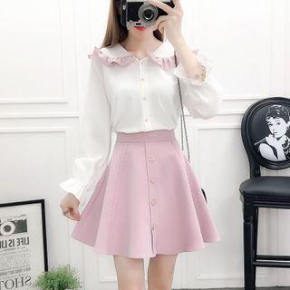 Set: Contrast Trim Ruffled Shirt + A-line Skirt