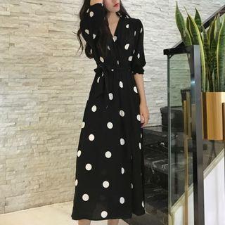 Dot V-neck Short-sleeve Dress As Shown In Figure - One Size
