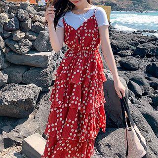 Set: Plain Short-sleeve T-shirt + Dotted Midi Spaghetti Strap Dress