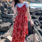 Set: Plain Short-sleeve T-shirt + Dotted Midi Spaghetti Strap Dress