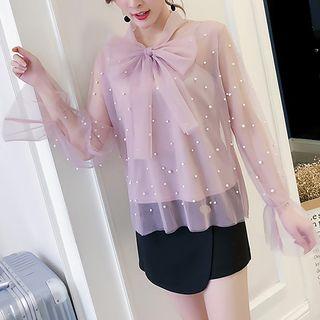 Bow Accent Beaded Long-sleeve Mesh Top