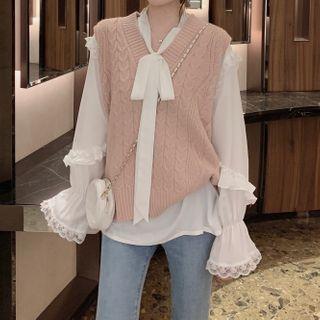 Lace Trim Bell-sleeve Blouse / Cable Knit Vest