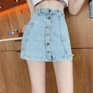 Embellished Denim A-line Mini Skirt