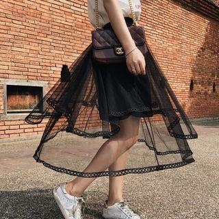 Lace-trim Mesh Midi Skirt