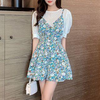 Set: Puff-sleeve Blouse + Floral Wide Leg Romper