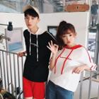 Couple Matching Elbow-sleeve Hooded Lettering Top