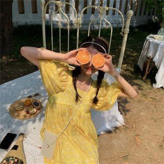 Puff-sleeve Floral Mesh Midi Dress