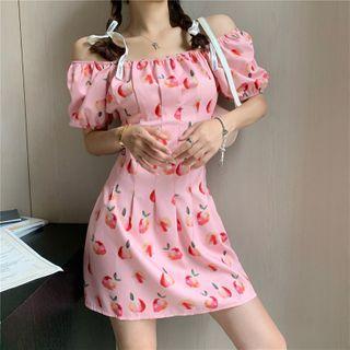 Printed Off-shoulder Puff-sleeve Dress