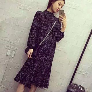 Long-sleeve Dotted Frilled Dress