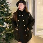 Long-sleeve Stand-collar Lace Trim Double-breasted Woolen Coat Black - One Size