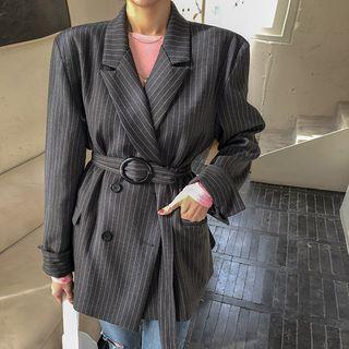 Double-breasted Pinstripe Blazer With Belt