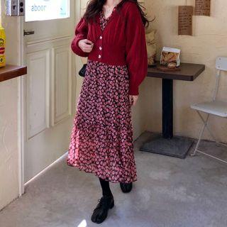 Long-sleeve Floral Midi Dress / Plain Knit Cardigan