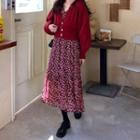 Long-sleeve Floral Midi Dress / Plain Knit Cardigan