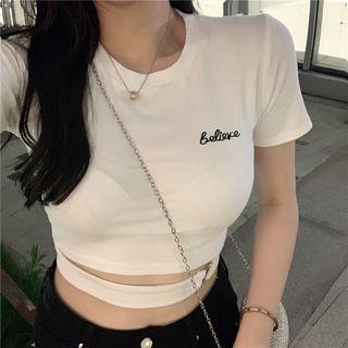 Short-sleeve Embroidered Letter Cropped T-shirt