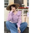 Long-sleeve Plain Slim-fit Blouse Purple - One Size