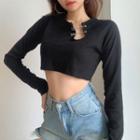 Long-sleeve Safety Pin-accent Crop Top