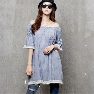 Off-shoulder Lace-trim Stripe Top Blue - One Size