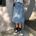Washed Ripped Midi A-line Denim Skirt