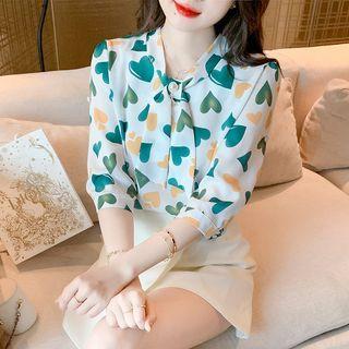 Elbow-sleeve Tie-neck Heart Print Blouse