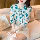 Elbow-sleeve Tie-neck Heart Print Blouse