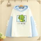 Dinosaur Printed Color-block Hoodie With Fleece