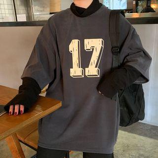 Mock Two-piece Long-sleeve Numbering T-shirt