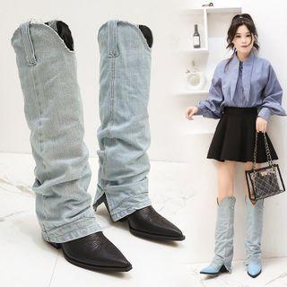 Block-heel Denim Panel Tall Boots