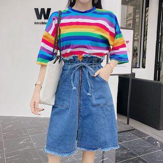 Set: Striped Elbow-sleeve T-shirt + Zip Front A-line Denim Skirt