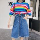 Set: Striped Elbow-sleeve T-shirt + Zip Front A-line Denim Skirt