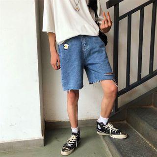 Flower Embroidered Cutout Denim Shorts