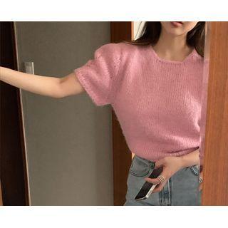 [dearest] Puff-sleeve Perforated Knit Top (pink) One Size