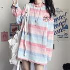 Embroidered Long-sleeve Striped Round Neck T-shirt Stripe - Blue & Pink - One Size