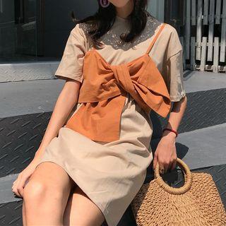 Set: Plain Short-sleeve T-shirt Dress + Twisted Camisole Top