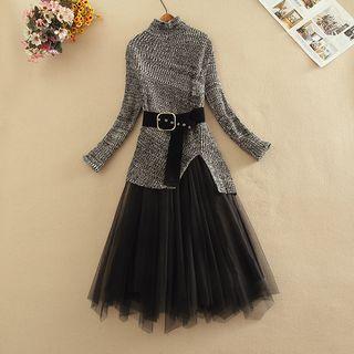 Set: Mock-neck Long-sleeve Knit Top + Mesh Midi A-line Skirt