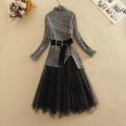 Set: Mock-neck Long-sleeve Knit Top + Mesh Midi A-line Skirt