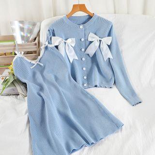 Set: Spaghetti Strap Knit Dress + Bow Cardigan