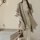 Contrast-trim Wool Blend Long Shawl Cardigan Beige - One Size