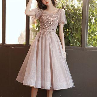Short-sleeve Sequined Mesh Midi A-line Prom Dress