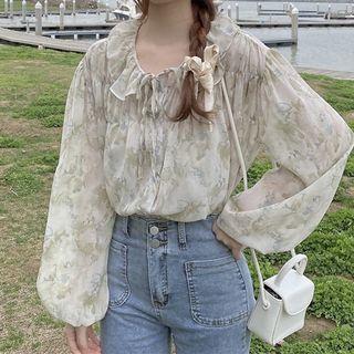 Long-sleeve Floral Puff-sleeve Chiffon Top