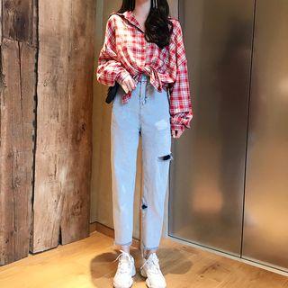 Distressed Cropped Straight-cut Jeans / Plain Camisole Top / Plaid Shirt