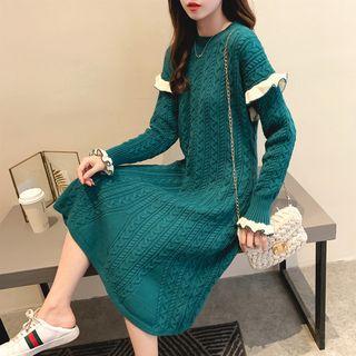 Ruffle Trim Long-sleeve Cable-knit Dress