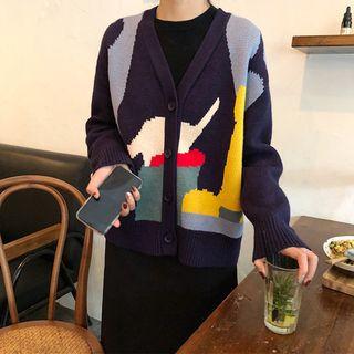 Print Buttoned V-neck Cardigan As Shown In Figure - One Size