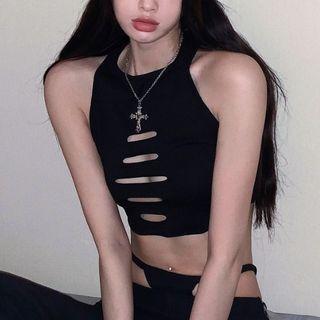 Cut-out Cropped Halter Top Black - One Size