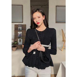 Striped Knitted Peplum Cardigan Black - One Size